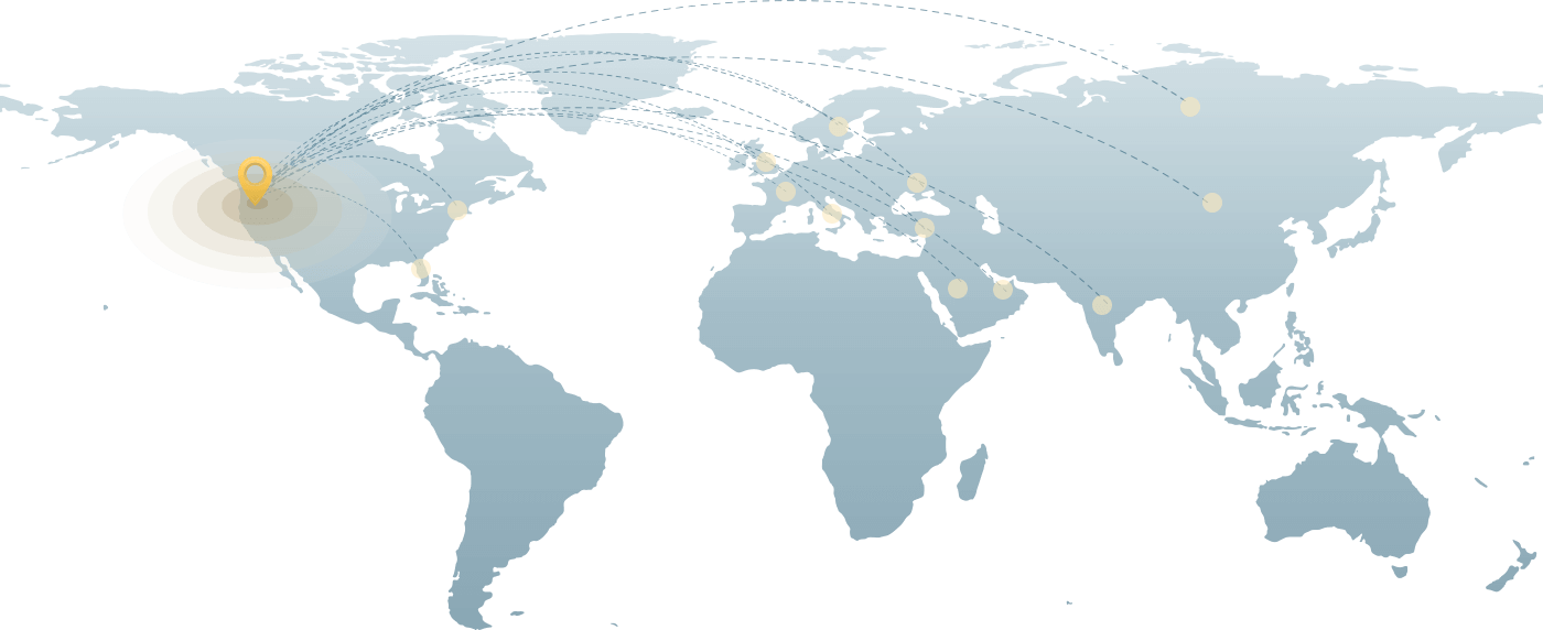 World map with pins in Eurasia connected to a larger pin in California, USA